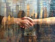 Abstract handshake overlayed with cityscape symbolizing business deals and urban development.