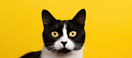 Poster - Close up of a tuxedo cat on a colorful background It s an animal and pets concept with a cropped shot that has a yellow copy space image