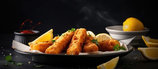 Aufkleber - A close up view of fresh fish fingers coated in breadcrumbs served with sauce and a slice of lemon on a grey table providing ample copy space for the image