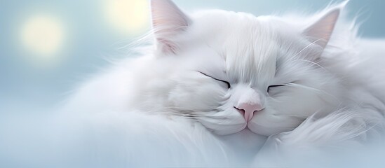 Canvas Print - A white cat with its eyes closed is featured in a copy space image surrounded by a soft white vignette