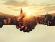Silhouetted handshake with cityscape merged into the background during a golden sunrise, symbolizing business agreements.