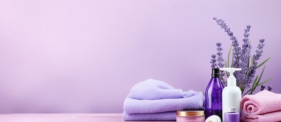 Poster - Lilac background with a collection of bath supplies and cosmetic products creating a copy space image