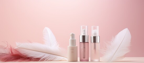 Aufkleber - A collection of spa skincare serums is displayed on a pink pastel backdrop along with a cream jar and ostrich feathers The top view provides a branding mock up with ample space for adding text or ima