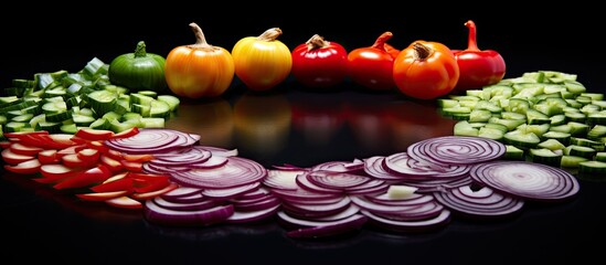 Aufkleber - A colorful array of onion and pepper slices arranged harmoniously on a sleek black stone surface creating an eye catching copy space image