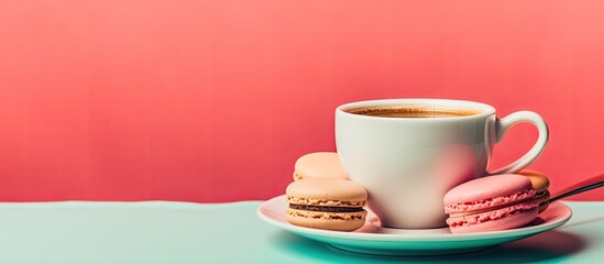 Poster - Colorful macaroon isolated on a pink background with a vintage pastel colors tone Displaying exquisite French cakes along with a black coffee cup with plenty of room for showcasing images or text