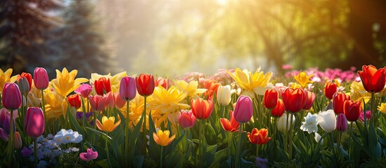 Aufkleber - A colorful spring scene with blooming tulips adorning a garden perfect for a copy space image