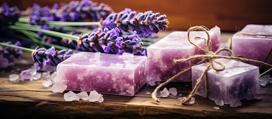 Aufkleber - The concept of a lavender spa is conveyed through the use of sea salt lavender flowers handmade soap and natural herbal cosmetics with lavender flowers on a brown textured wood This image represents