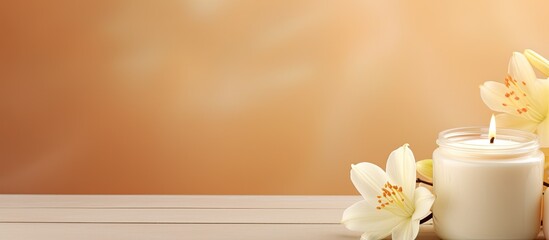 Poster - Spa concept with a cream jar for facial treatment surrounded by candles flowers and copy space image