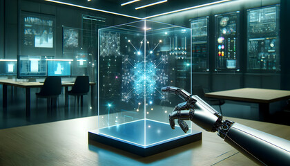 Wall Mural - a futuristic concept where AI blends with business strategy. It features a humanoid robot at a desk, engaging with a holographic global network.