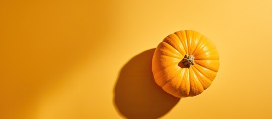 Wall Mural - A cozy top down view of a pumpkin on a yellow background with intense shadows creates a warm autumn atmosphere in this flat lay copy space image