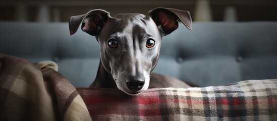 Sticker - A cozy Italian Greyhound dog rests on a plaid covered sofa in a home providing a charming copy space image