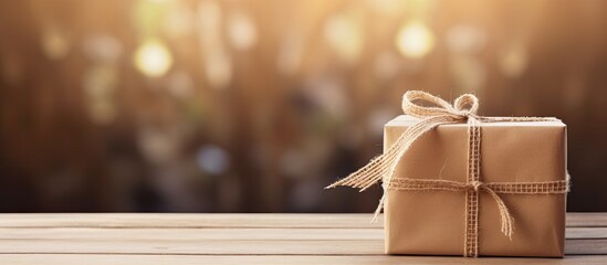 Poster - Craft gift box placed on a wooden table with raffia or twine providing ample copy space in the image