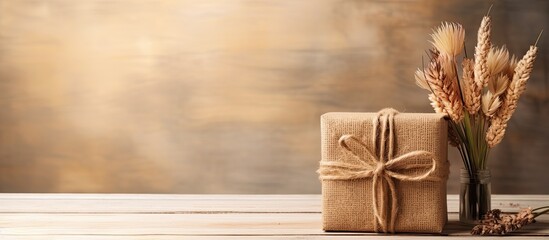 Poster - Craft gift box placed on a wooden table with raffia or twine providing ample copy space in the image