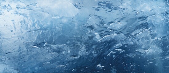 Poster - Close up of a frozen river with cracked ice covered in white snow and revealing the deep blue water underneath This copy space image showcases the texture of the ice