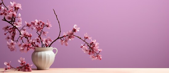 Fototapete - A blooming branch on a lilac background with decorative podiums creating a visually appealing copy space image