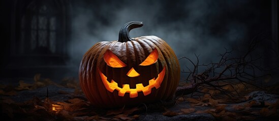 Aufkleber - The Halloween pumpkin with a creepy grin ready to be carved illuminated and placed in a spooky atmosphere creating the perfect seasonal copy space image