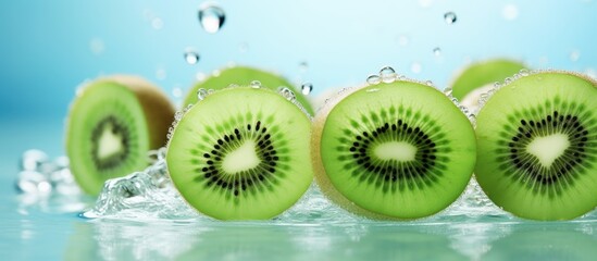 Poster - Crisp refreshing bubbles surround a beautiful image of sliced kiwi fruit creating an enticing copy space image