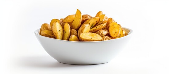 Poster - A crispy potato is served in a small bowl on a white background with plenty of space for text or other elements. Creative banner. Copyspace image