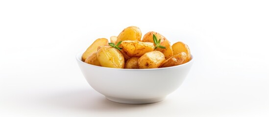 Poster - A crispy potato is served in a small bowl on a white background with plenty of space for text or other elements. Creative banner. Copyspace image