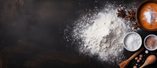 Aufkleber - A culinary background featuring baking ingredients like flour eggs sugar and a rolling pin on a black surface Top view with copy space image