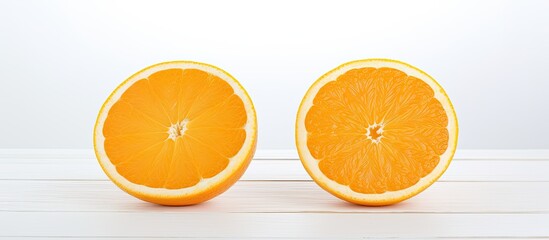 Poster - The cut halves of two oranges are positioned on a white wooden table leaving empty space for an image. Creative banner. Copyspace image