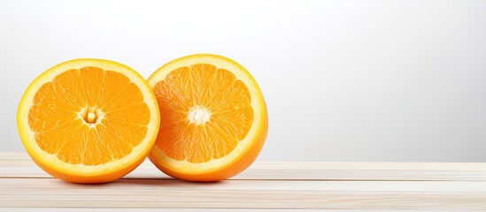 Poster - The cut halves of two oranges are positioned on a white wooden table leaving empty space for an image. Creative banner. Copyspace image