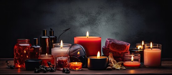 Poster - Dark background with burning candles and a variety of cosmetic products set providing copy space image