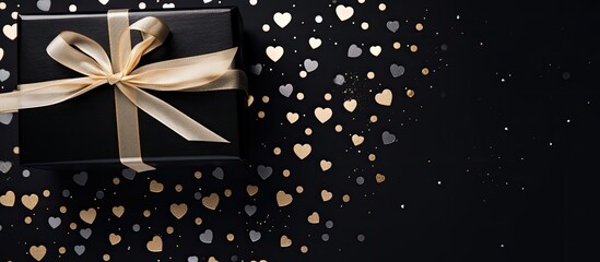 Sticker - A gift box decorated in polka dot paper with a black ribbon is placed on a black background with white hearts This male holiday concept can be used for Valentine s Day a birthday greeting or an invit