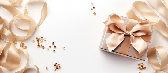 Aufkleber - Top view of a decorative cosmetics concept for achieving a natural even skin tone A makeup foundation with a beige silk ribbon on a white background is presented in a flat lay copy space image