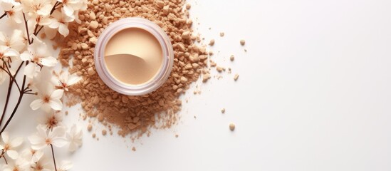 Aufkleber - Top view of a decorative cosmetics concept for achieving a natural even skin tone A makeup foundation with a beige silk ribbon on a white background is presented in a flat lay copy space image