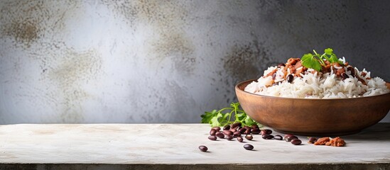 Poster - A delectable dish of rice and beans arranged on a stylish grey marble table ready to be savored Ample space available for text in the image