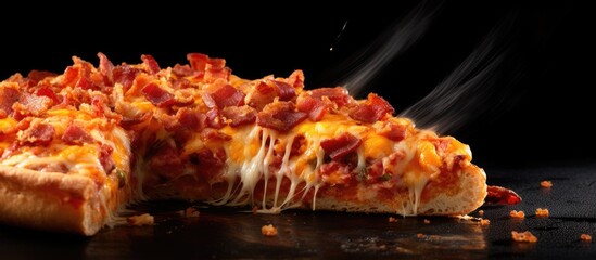 Poster - A delicious slice of pizza topped with crispy bacon and melted cheese perfect for a copy space image