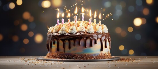 Aufkleber - A deliciously decorated cake with candles ready to celebrate a special occasion such as a birthday with space for copy or text in the image. Creative banner. Copyspace image