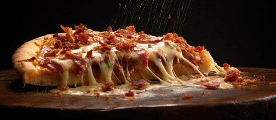 Poster - A delicious slice of pizza topped with crispy bacon and melted cheese perfect for a copy space image