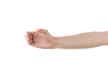 Wall Mural - young adult man hand to hold a bottle isolated on white