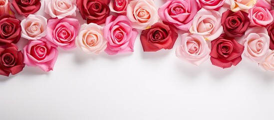 Aufkleber - A top view of a rose flower frame on a white background designed for flat lay with empty space for adding content. Creative banner. Copyspace image