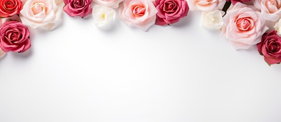 Aufkleber - A top view of a rose flower frame on a white background designed for flat lay with empty space for adding content. Creative banner. Copyspace image