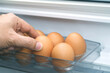Organic eggs are in the fridge fresh from the farm ready for breakfast.