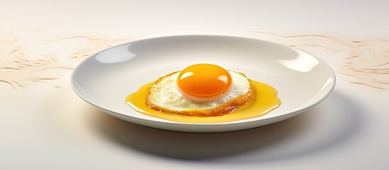 Poster - A breakfast dish is presented on a white plate with soft shadows featuring a cooked chicken yolk in a crumpled form The image allows for copy space