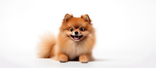 Poster - A studio shot of a Pomeranian dog with a white background providing a blank space for copy. Creative banner. Copyspace image