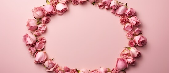 Fototapete - Top down view of a pink background adorned with a round frame crafted entirely from rose flower buds This artful flatlay offers an impressive copy space image