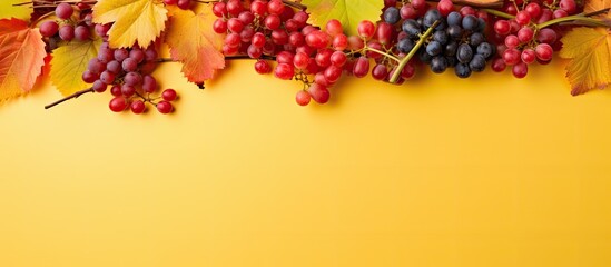 Aufkleber - Top down view of an autumn composition showcasing a frame formed by vibrant red leaves of the girlish grape complemented by green berries all set against a bright yellow backdrop Ample copy space ima
