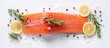 A top down view of a raw salmon fillet seasoned with sea salt and rosemary placed on a white table with ample copy space image