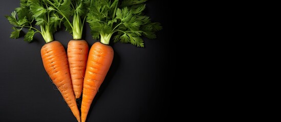 Wall Mural - A top down view of a heart shaped fresh organic carrot on a black background presents a visually appealing healthy food concept The image includes ample copy space
