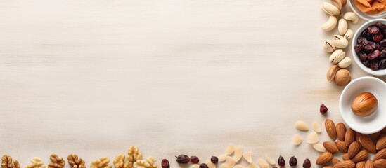 Wall Mural - A top down copy space image of a beige table with an almond frame showcasing healthy food