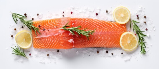 Poster - A top down view of a raw salmon fillet seasoned with sea salt and rosemary placed on a white table with ample copy space image