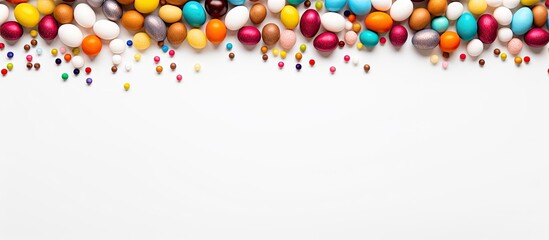 Fototapete - A top down view of a white background with a flat lay arrangement of a colorful Easter frame made of eggs and a large chocolate egg There is empty space available for adding text. Creative banner