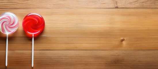 Aufkleber - A top down view of two circular lollipops on a wooden table with empty space for text or images. Creative banner. Copyspace image