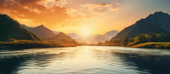 Poster - During the golden hour of sunset a picturesque mountain river flows providing a serene backdrop with ample copy space for text