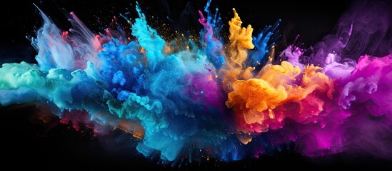 Poster - A dynamic artistic display of colorful powder explodes against a black backdrop creating a mesmerizing texture of glitter in this copy space image